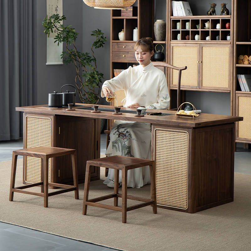 木笙记新中式实木茶桌黑胡桃木家用功夫茶台烧水壶一体茶桌椅组合