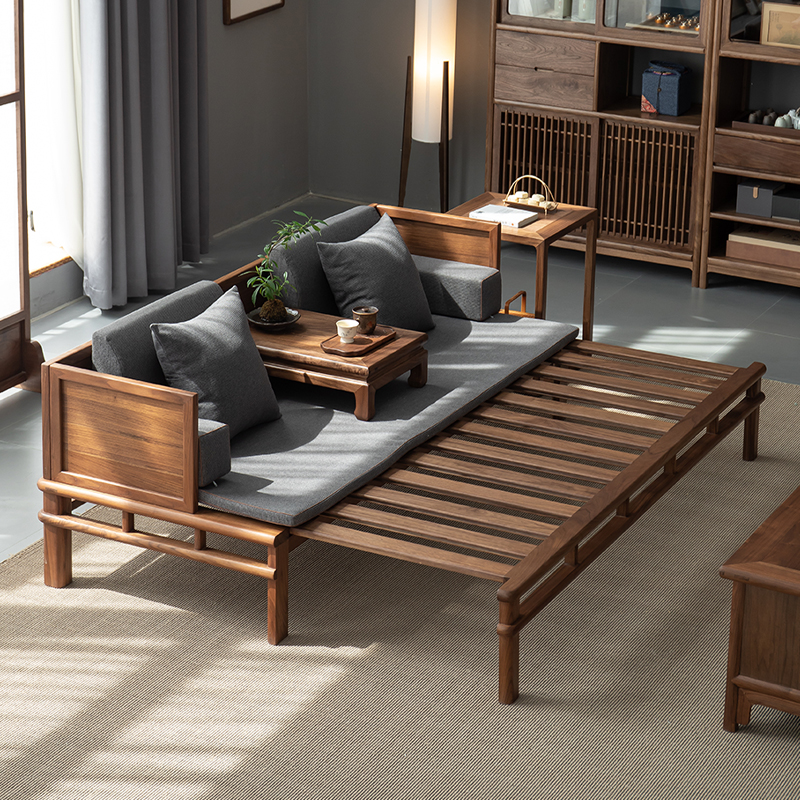 木笙记新中式黑胡桃木推拉罗汉床客厅家用实木两用仿古沙发床卧榻