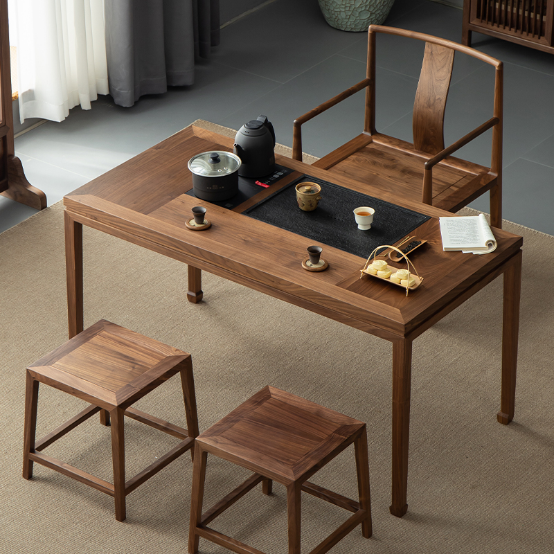 木笙记新中式实木阳台茶桌黑胡桃木茶桌椅组合家用小茶台烧水一体