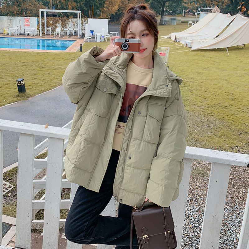 豆绿色短款面包服羽绒服女冬2023新款小个子加厚冬季爆款外套100%