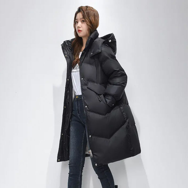 白鸭绒羽绒服女中长款2021新款时尚立领加厚韩版宽松面包服外套