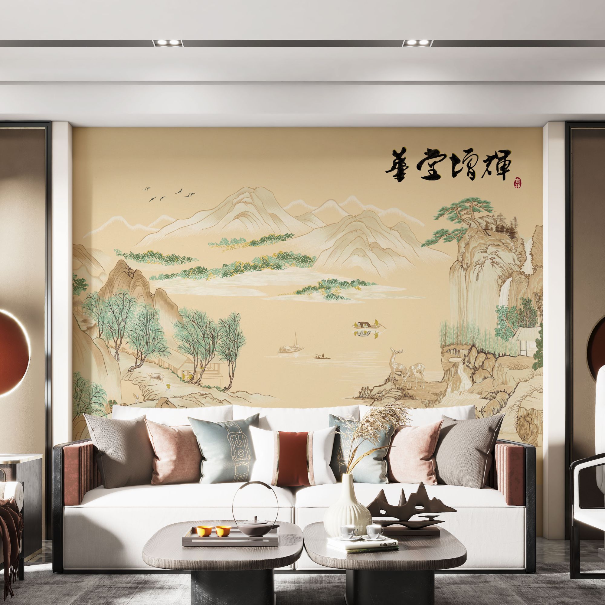 素喜华宝增辉新中式沙发背景独绣客厅电视背景墙刺绣壁布背景墙  