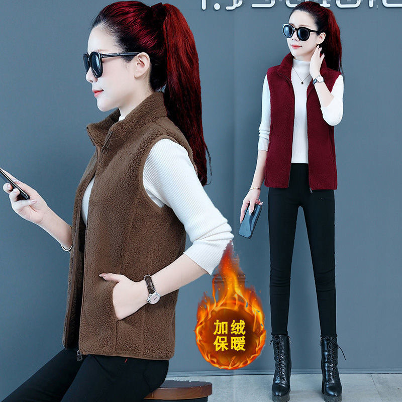 秋冬季外穿女士双面绒羊羔绒立领防风加绒加厚保暖毛马夹时尚大码