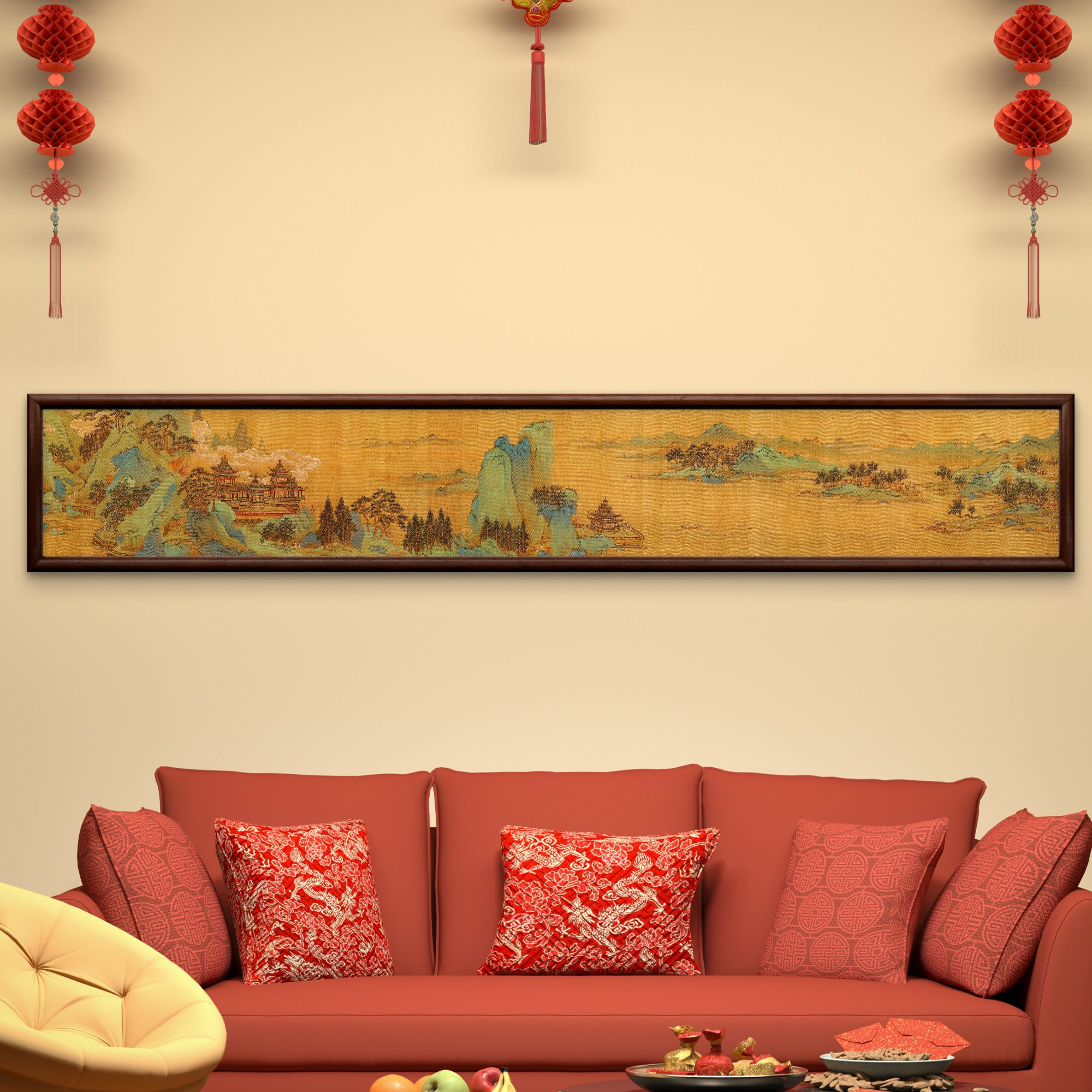 70-40*240青山绿水图中式装饰画实木框书房茶室客厅背景墙挂画