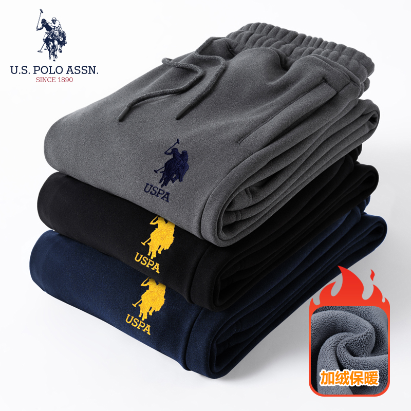 U.S. POLO ASSN.男女情侣款同款秋冬加绒保暖时尚刺绣防风卫裤