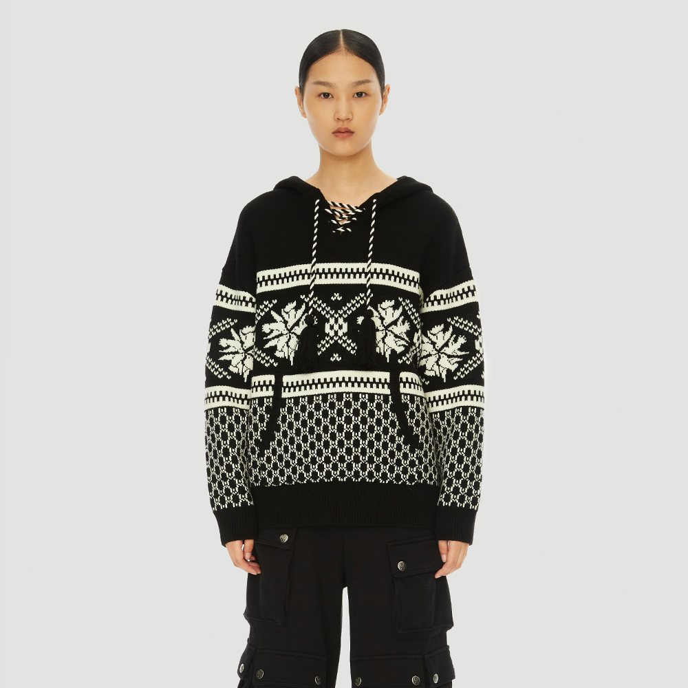 UOOYAA/乌丫冬季经典复古民族风老花连帽卫衣毛针织衫5030