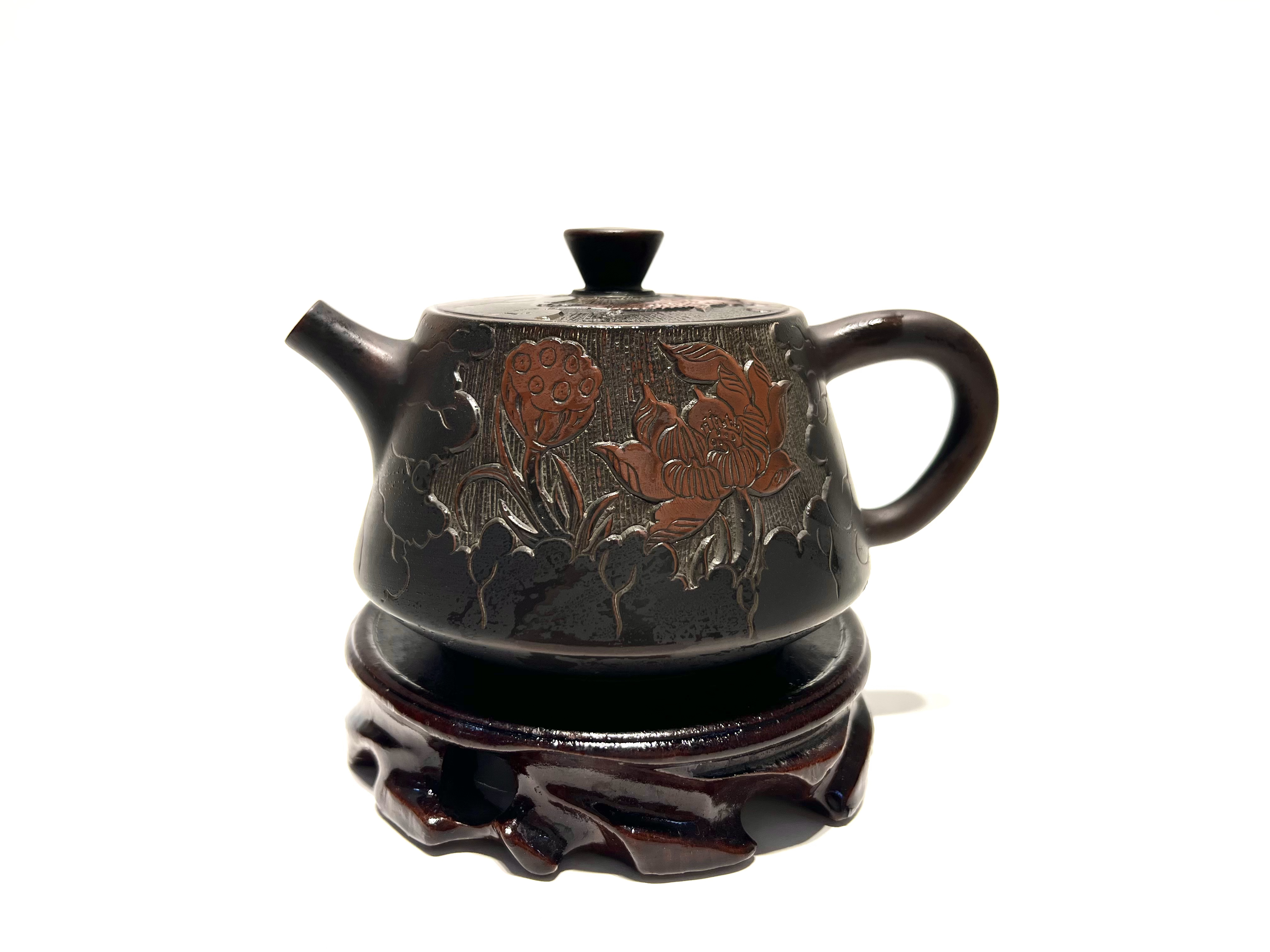 广西钦州坭兴陶全手工高石瓢壶满刻荷花鱼200-230cc容量茶壶精品