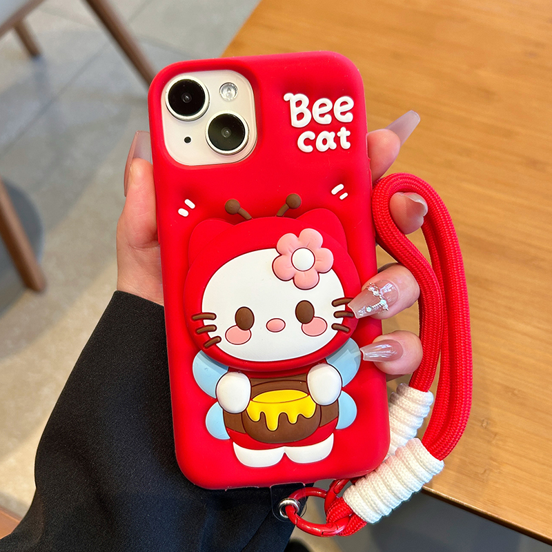 红色支架蜜蜂KT猫适用苹果16promax手机壳15/14/13新年款12全包11