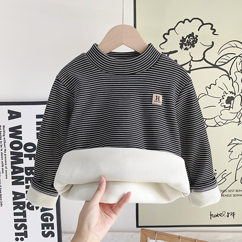 儿童秋冬新款德绒加绒加厚半高领条纹打底衫男宝女宝内搭保暖衣