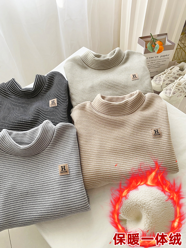 儿童秋冬新款德绒加绒加厚半高领条纹打底衫男宝女宝内搭保暖衣