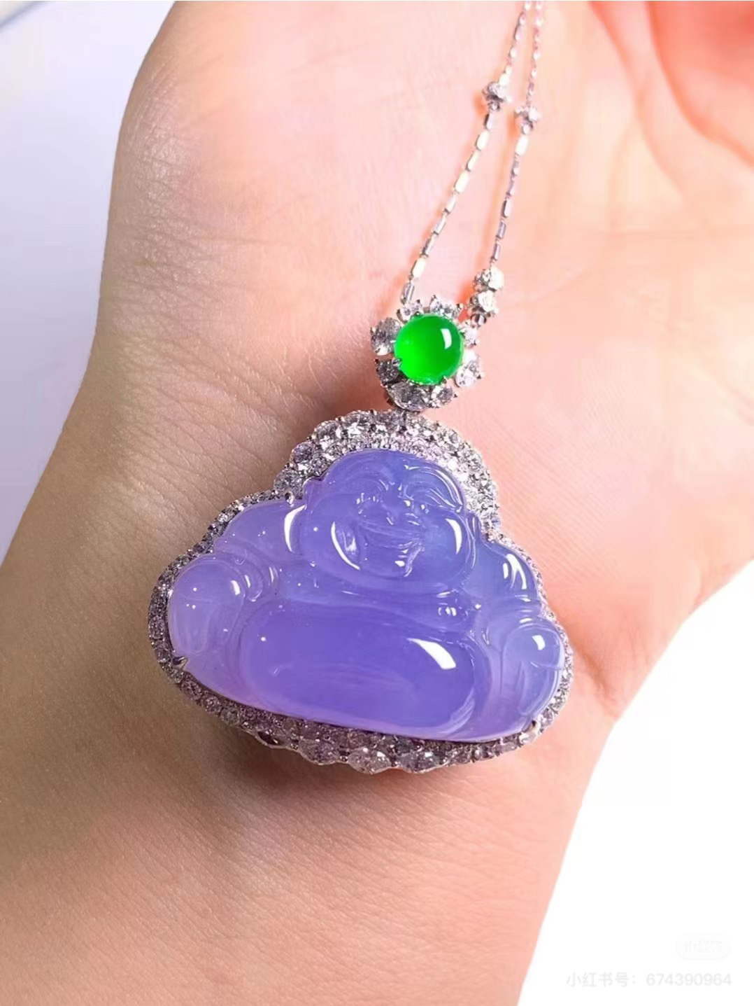 天然A货翡翠18K金镶冰紫大佛公