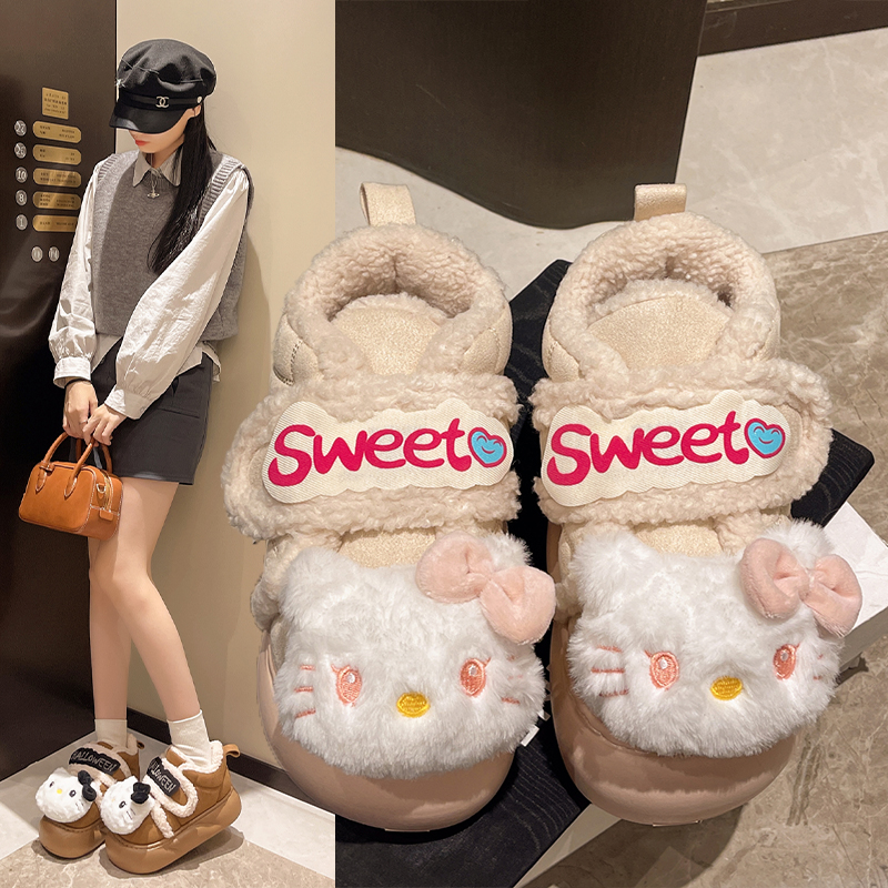 2025新款秋冬季可爱猫咪居家网红毛绒拖鞋保暖雪地靴卡通外穿棉鞋