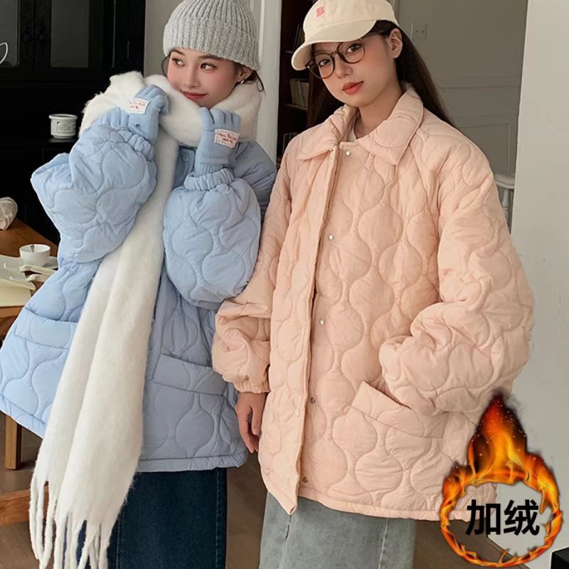 加绒韩版宽松多巴胺彩色菱格棉服外套保暖面包服316