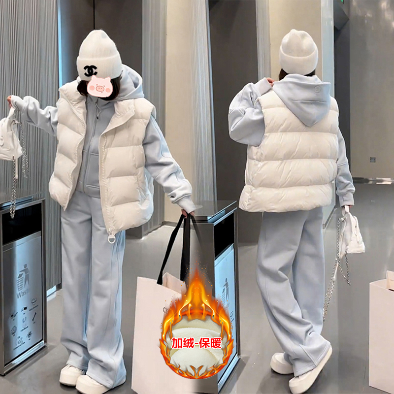 秋冬款套装棉服马甲女2024今年流行的洋气时髦加绒卫衣卫裤三件套