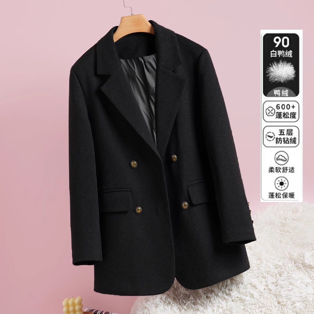 白鸭毛呢外套女加厚保暖2025秋冬季新款双排扣黑色西装呢子大衣