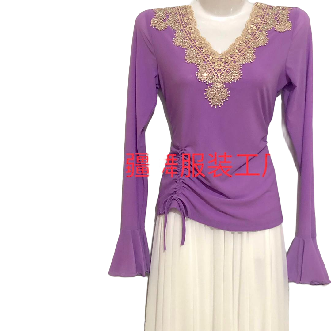 工厂金V领烫钻小喇叭T恤百搭显瘦洋气修身时尚内衫打底衫网红气质