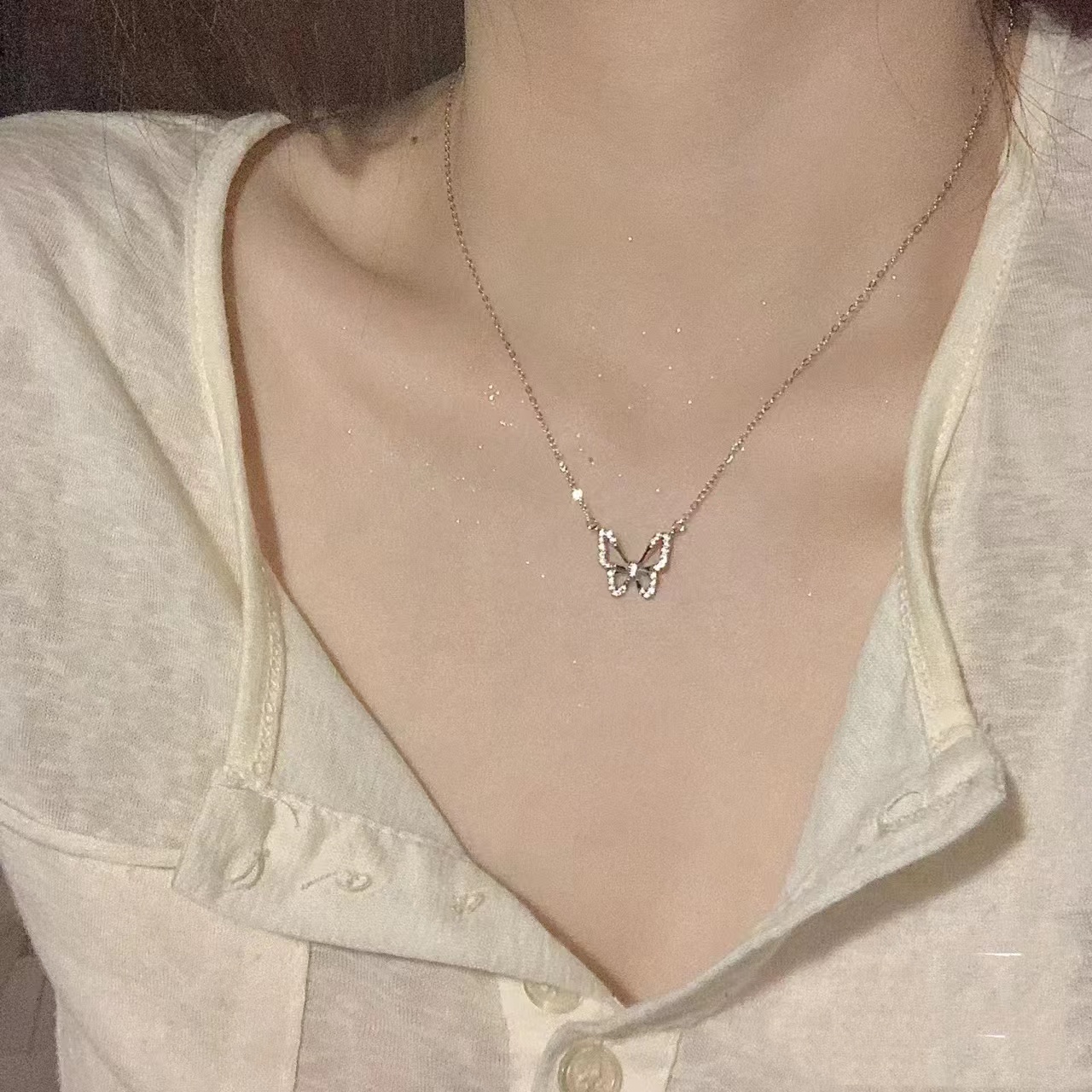钛钢项链 不掉色精致微镶满钻蝴蝶吊坠轻奢气质小众简约ins锁骨链
