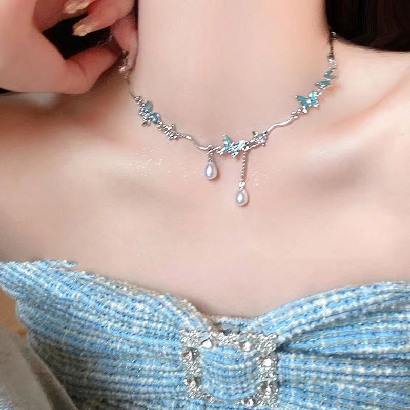 钛钢仿珍珠项链 蓝色蝴蝶颈链甜酷辣妹高级感气质锁骨链小众设计