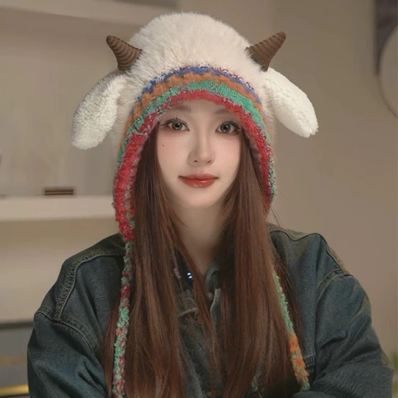 小羊加厚新款可爱毛绒针织包头帽子女保暖冬季骑行套头帽百搭潮