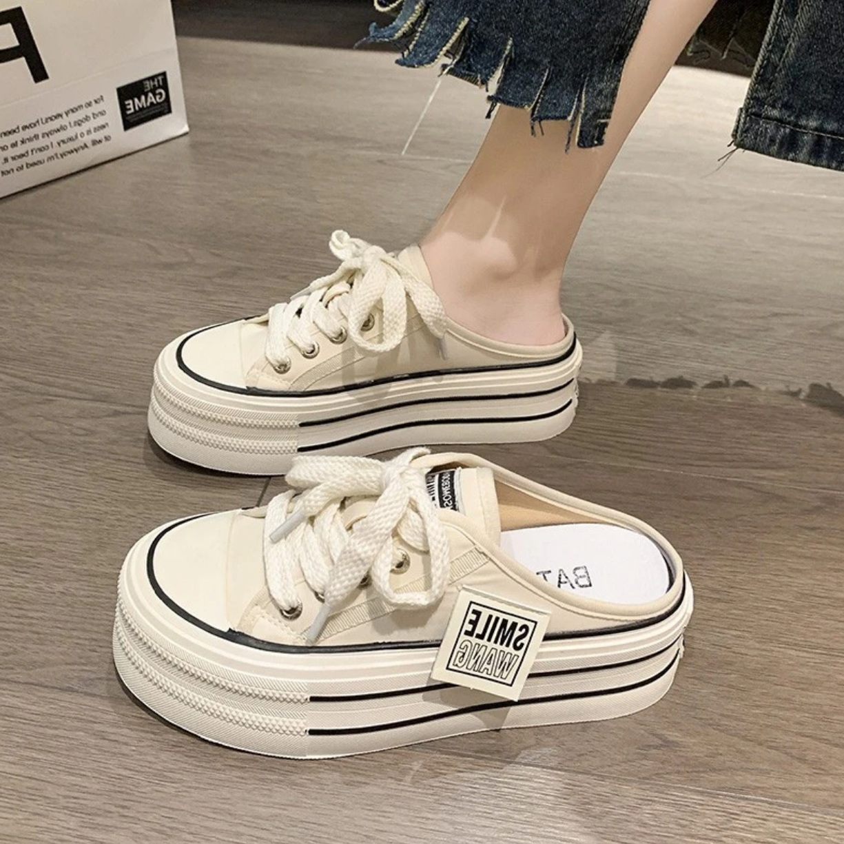 回力潮品帆布半拖鞋女秋季外穿新款百搭高级感厚底增高无后跟透气