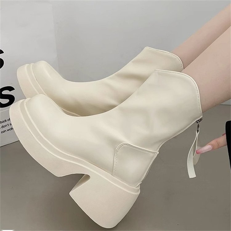 回力潮品白色马丁靴时尚秋季英伦风时尚百搭靴小个子厚底粗跟短靴