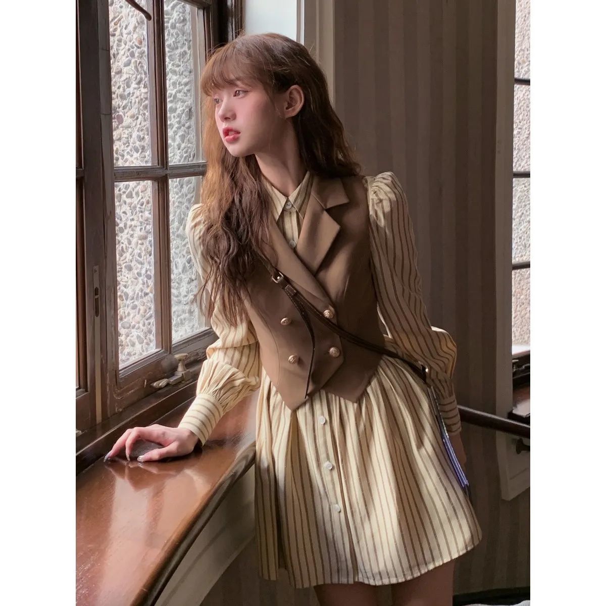 2023春季学院少女马甲显瘦穿搭时尚两件套装/单件格纹衬衫连衣裙