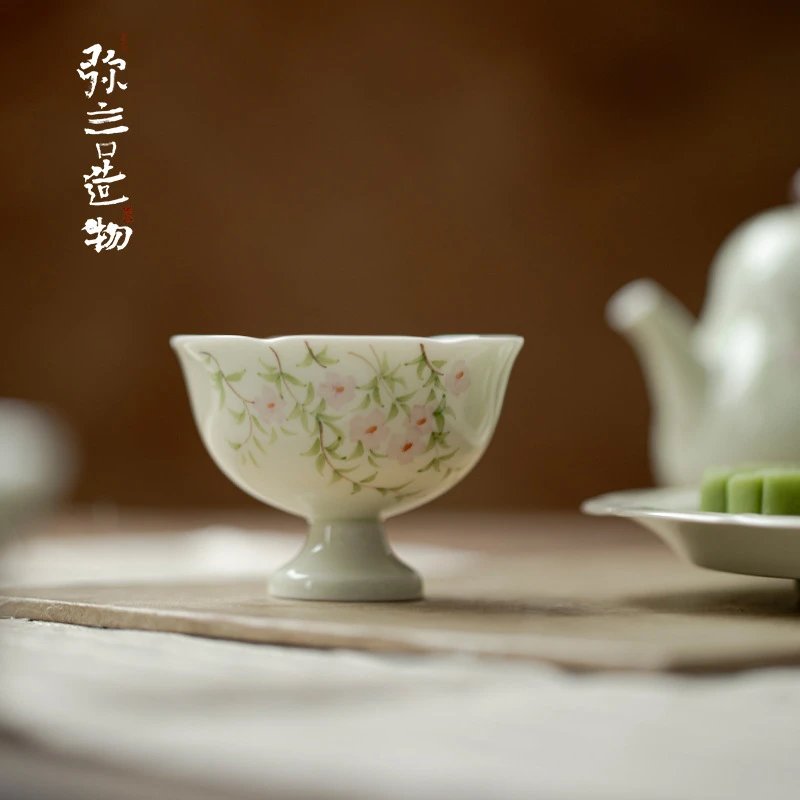 如伶白瓷手绘蔷薇单杯纯手工陶瓷薄胎家用功夫茶具茶杯主人杯茶盘