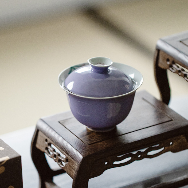 木槿紫原矿釉精工手绘花田错盖碗釉下彩泡茶碗茶杯功夫茶具薄胎