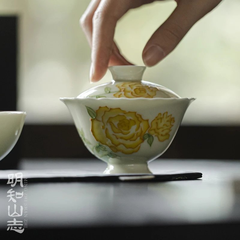 明知山志纯手绘立体玫瑰花的故事高足泡茶碗单个茶碗高档礼盒装