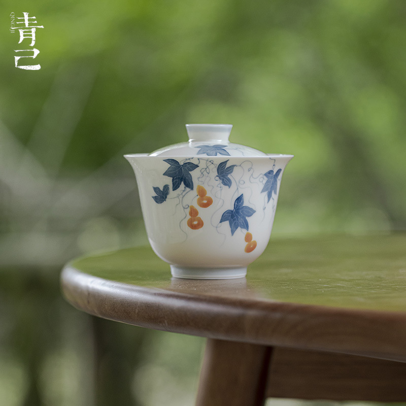 青己白瓷青花手绘葫芦陶瓷盖碗釉下彩功夫茶具家用薄胎单个泡茶碗