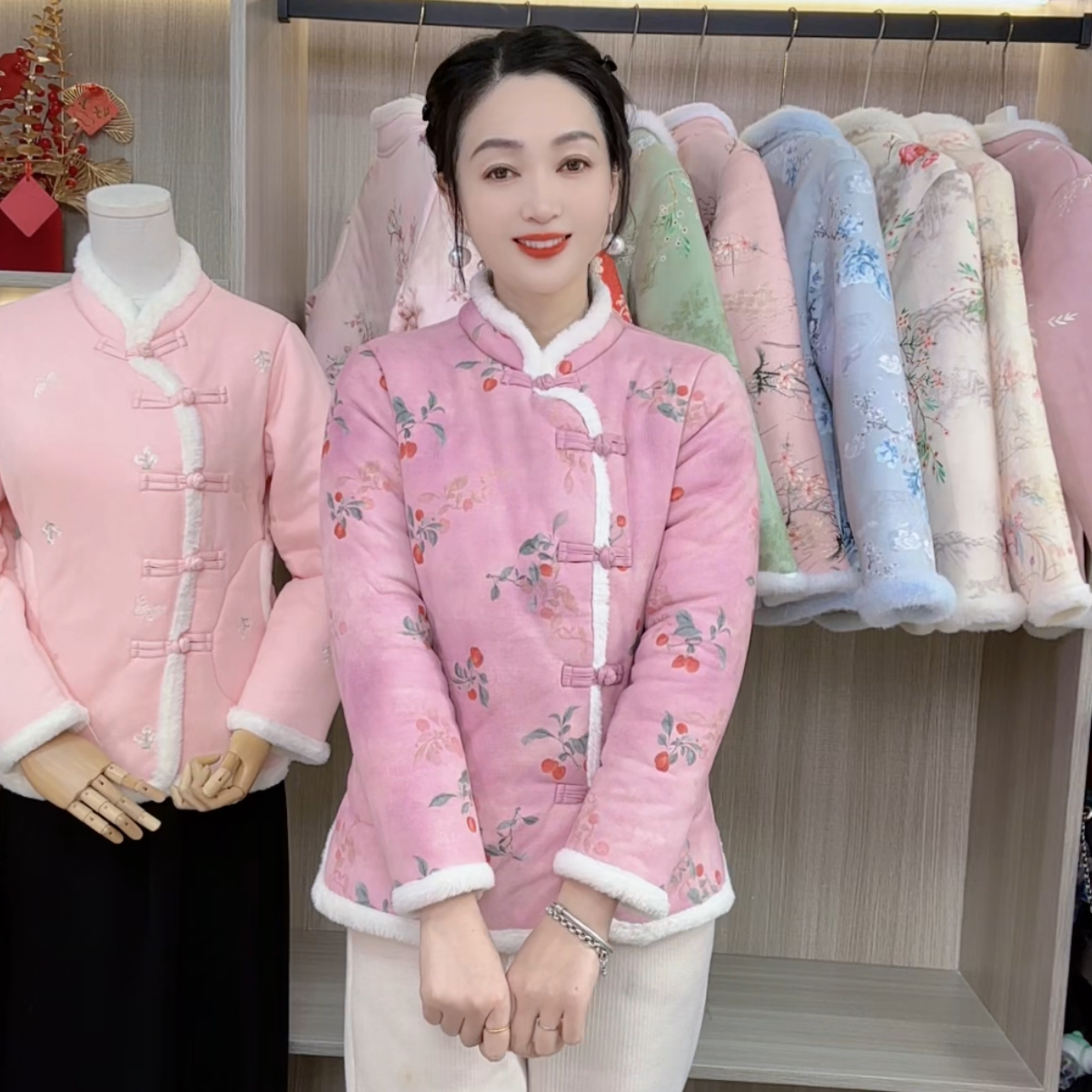 中国风中式加绒外套网红上衣唐装棉服加厚显瘦盘扣冬季女装