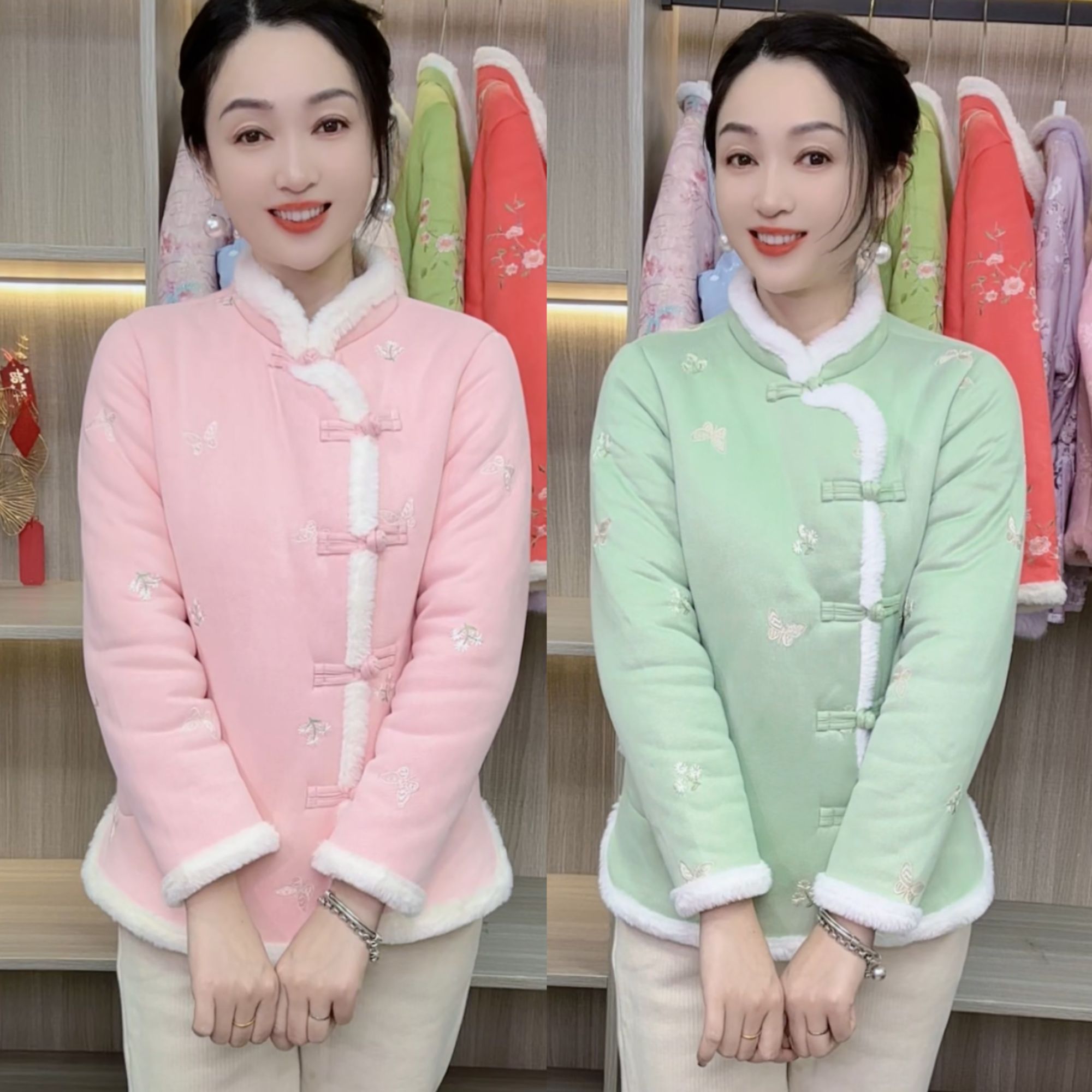 冬季新款妈妈装复古中式加绒加厚时尚女装棉衣外套绣花