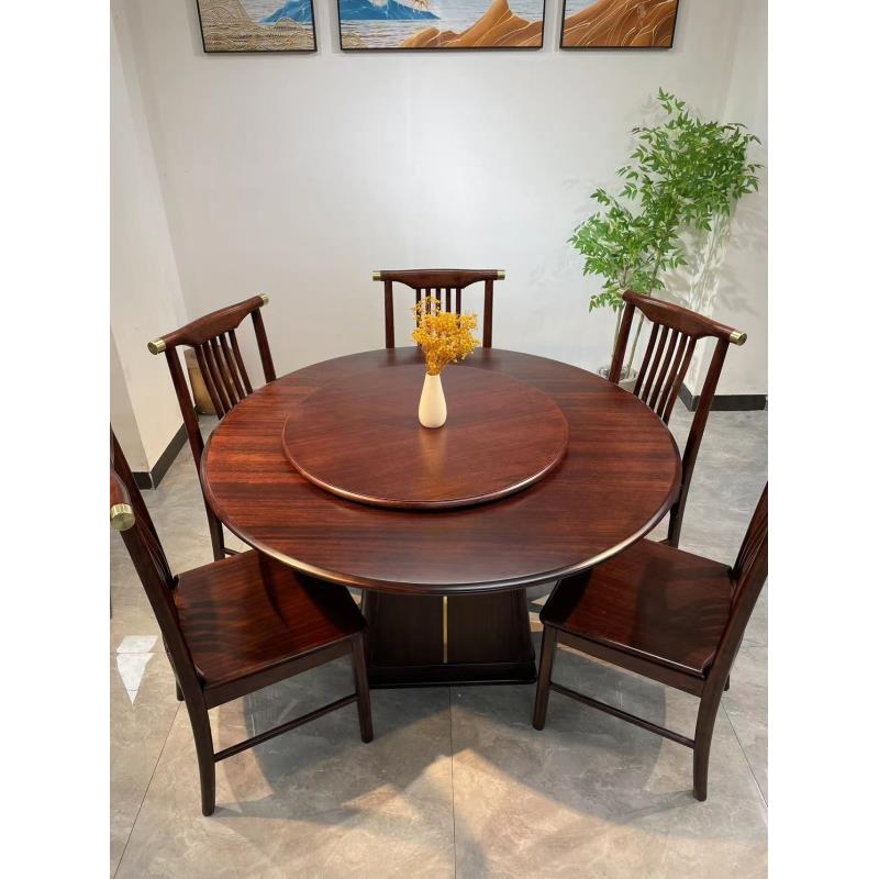 新中式乌金木实心实木圆桌组合家用圆形餐桌酒店带转盘吃饭大圆桌