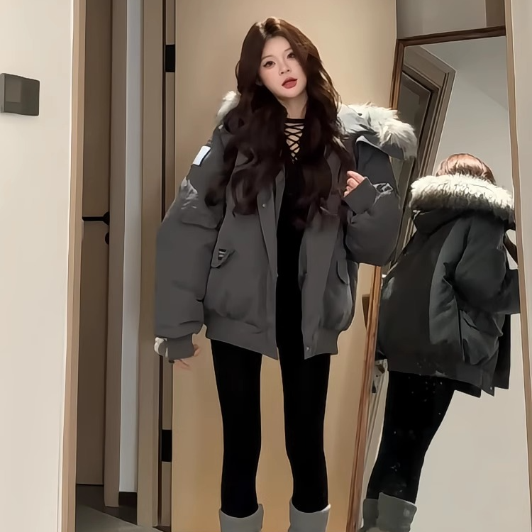 工装羽绒棉服女灰色新款冬季大毛领加厚面包服韩系派克服棉袄外套