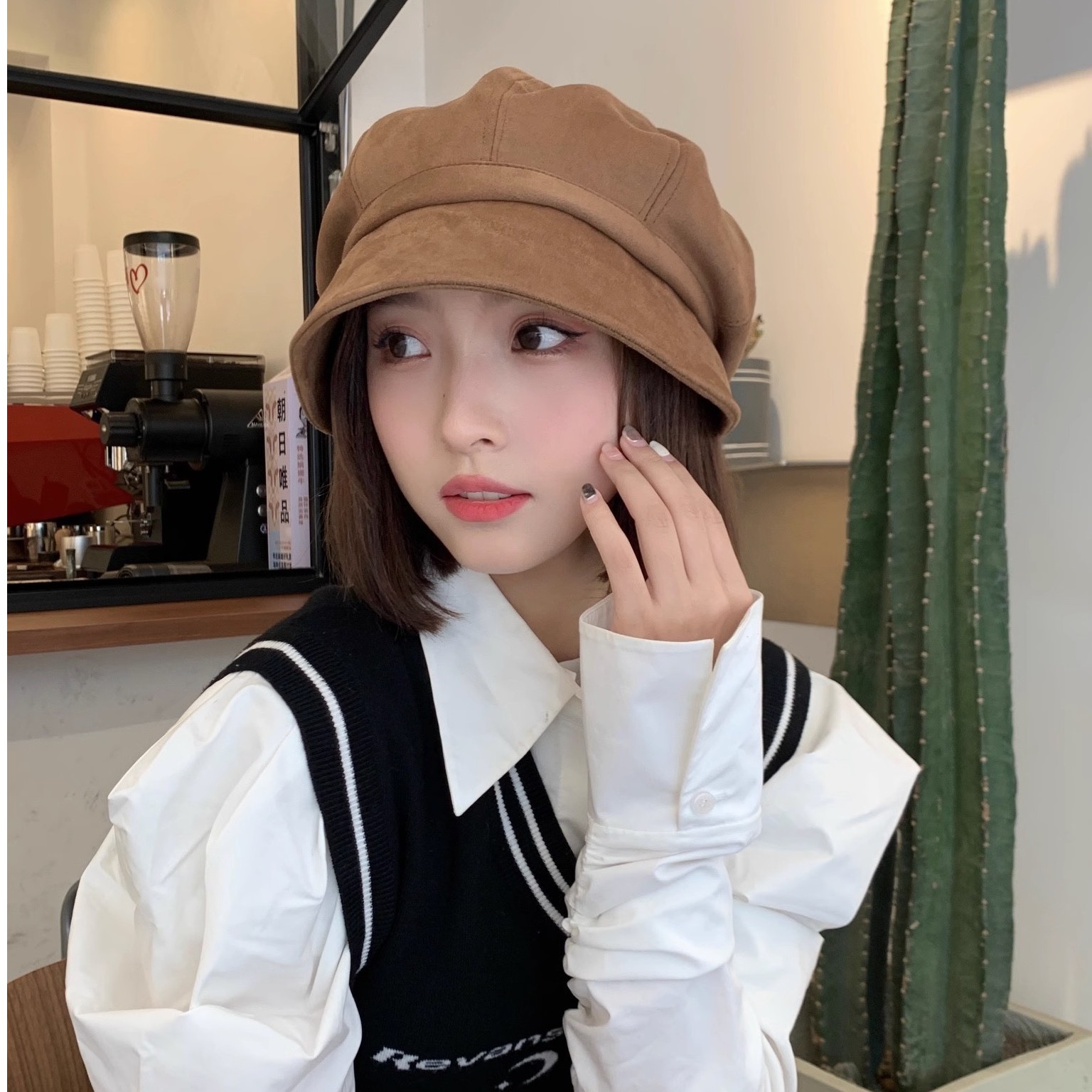 秋冬帽子女渔夫帽大头围贝雷帽素颜堆堆帽爆款显脸小冬季八角帽黑