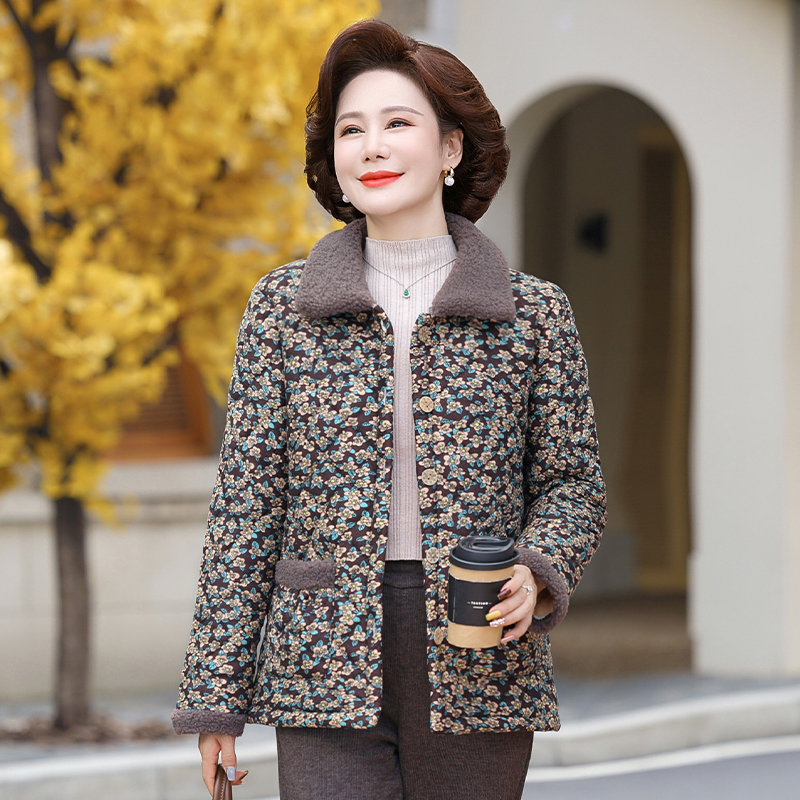 妈妈新款加绒加厚冬季时尚棉衣洋气保暖中老年棉袄外套棉服大码