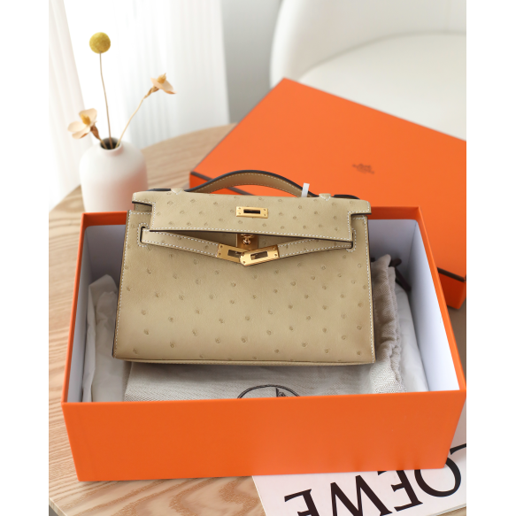 全新未使用 Hermes/爱马仕 一代22u刻鸵鸟皮风衣灰金女士手提包 W