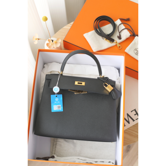 95新 Hermes/爱马仕 kelly28 C刻 EP皮 黑色 金扣时尚经典