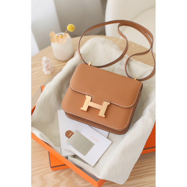 全新未使用 Hermes/爱马仕 康康19B刻EP皮金棕色玫瑰金扣大“H”
