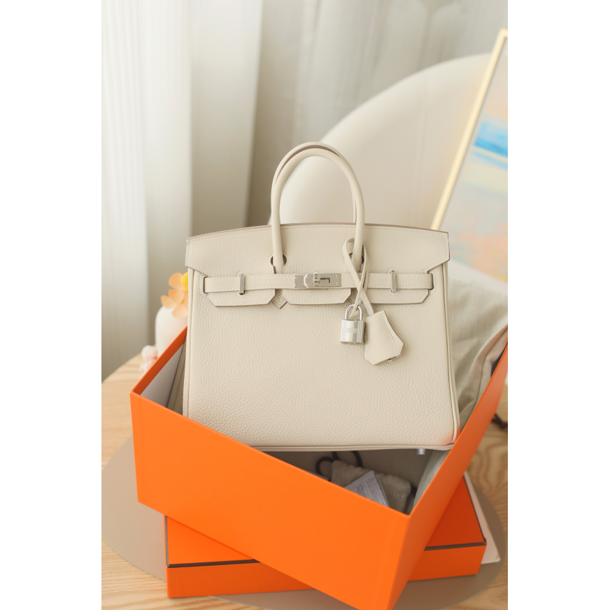 全新未使用 Hermes/爱马仕 Birkin25 W刻 TOGO皮 奶昔白 银扣