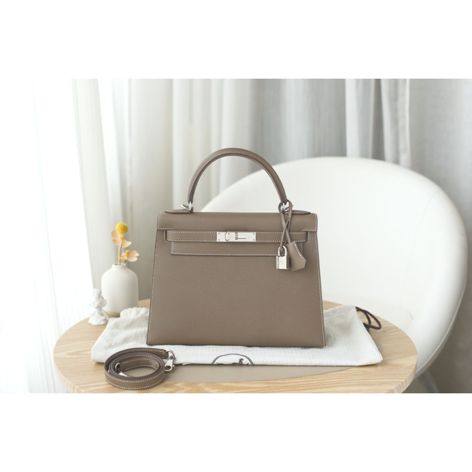 95新 Hermes/爱马仕 爱马仕kelly28 C刻 EP皮 大象灰 银扣女士