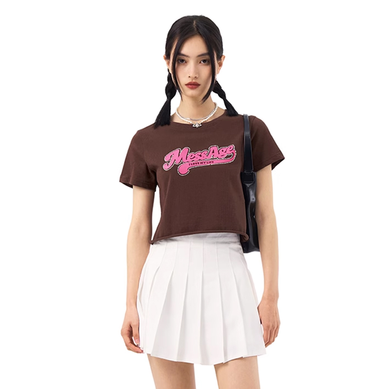 Mess Age Lab美式复古街头辣妹烫钻BM风短款夏季短袖上衣情侣装
