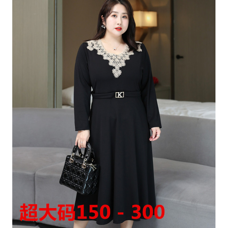 大码女装连衣裙280斤胖mm加肥加大秋季新款长袖中长款显瘦遮肚裙