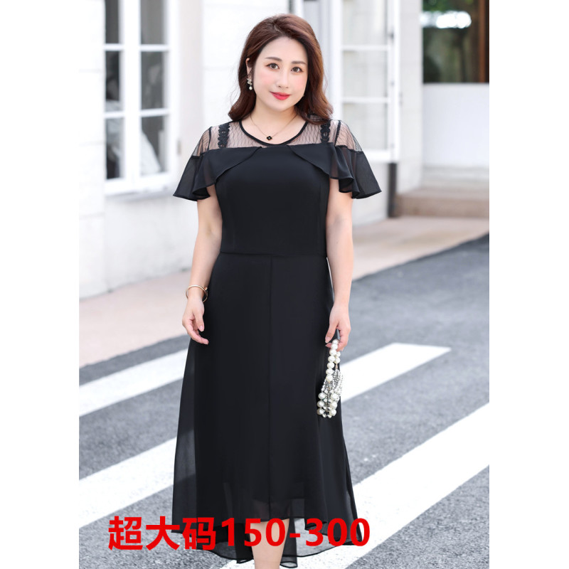 0529#大码女装连衣裙夏新款胖MM气质收腰遮肚显瘦时尚网纱拼接雪