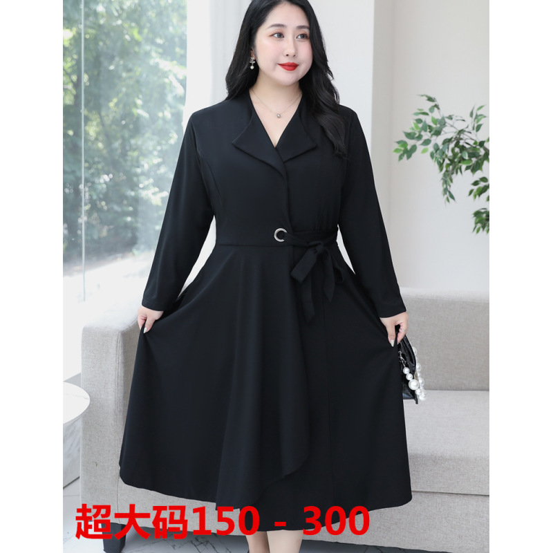 300斤特大码春秋女装长裙子240胖妹妹长袖收腰气质弹力显瘦连衣裙