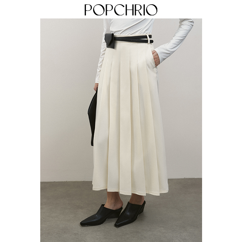 POPCHRIO欧可芮◆H型复古羊毛西装百褶裙高腰显瘦A字半身伞裙女秋