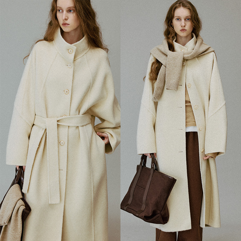 popchrio◆复古驼绒羊毛立领双面呢大衣宽松百搭毛呢呢子外套女
