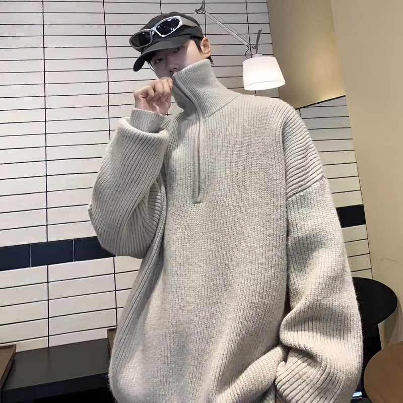 半高领拉链毛衣男款秋冬季美式复古慵懒风宽松痞帅休闲针织衫外套