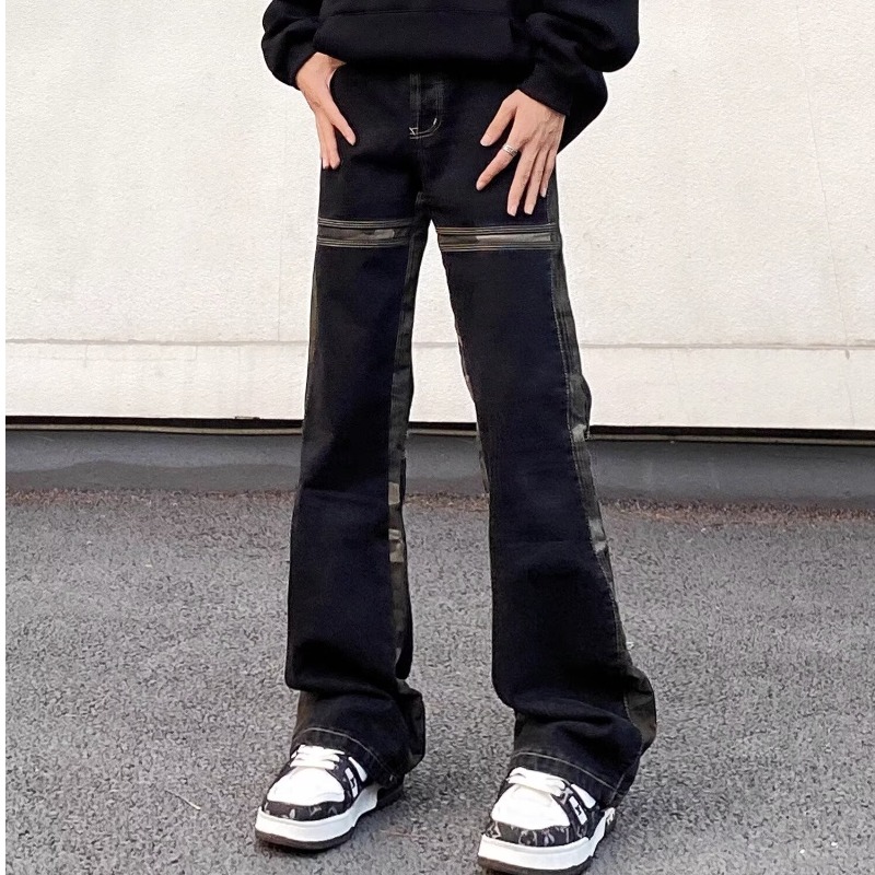 美式高街复古迷彩拼接牛仔裤男vibe小众设计感宽松显瘦微喇叭裤子