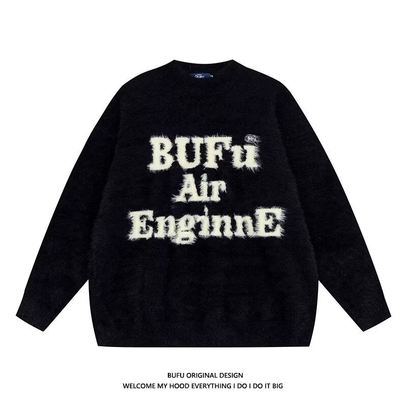 国潮美式字母印花水貂绒毛衣女秋冬加厚高街软糯针织衫高级感上衣